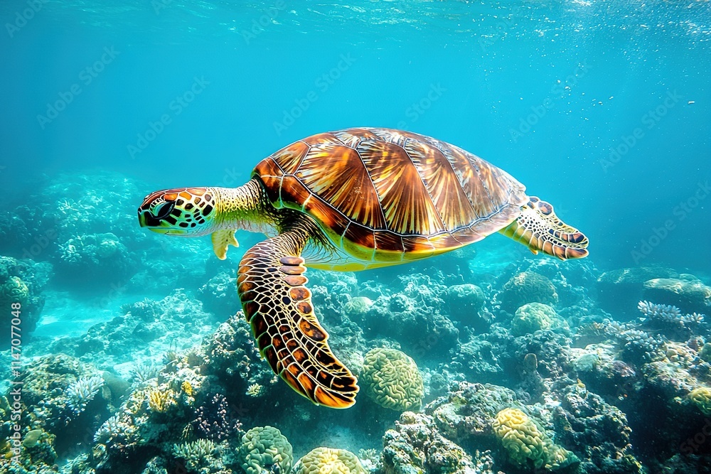 Fototapeta premium Graceful sea turtle gliding through vibrant ocean waters above c