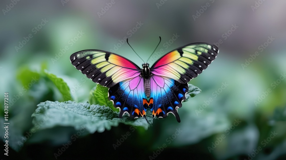 Vibrant rainbow butterfly perched on green leaf. Vibrant rainbow butterfly perched on green leaf.