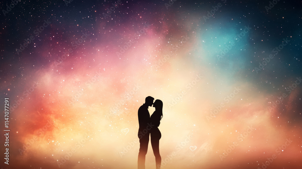 Fototapeta premium Dark silhouette of lovers embracing, kissing under starry nebula sky, heart-shaped celestial backdrop creating romantic cosmic scene