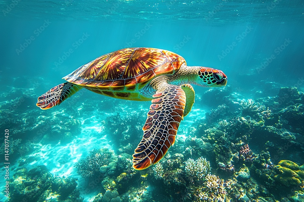 Fototapeta premium Majestic sea turtle gracefully gliding through vibrant coral ree