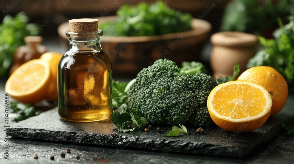 Fresh ingredients including broccoli, lemons, and olive oil on a slate surface for cooking. Fresh ingredients including broccoli, lemons, and olive oil on a slate surface for cooking.