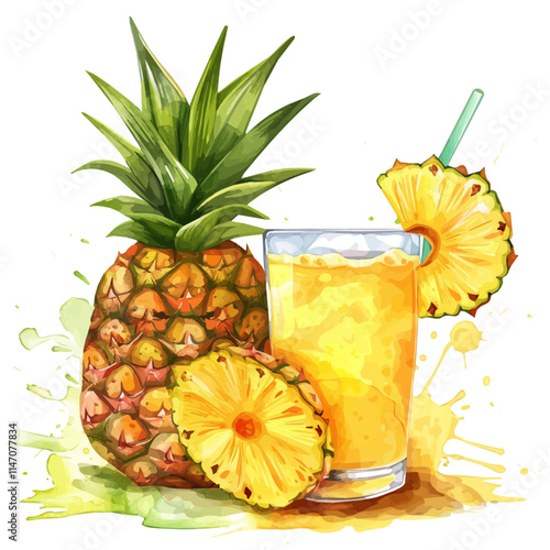 A watercolor painting of a juicy slice of pineapple with a tropical drink, isolated on a white background. Tropical drink pineapple slice vector.
