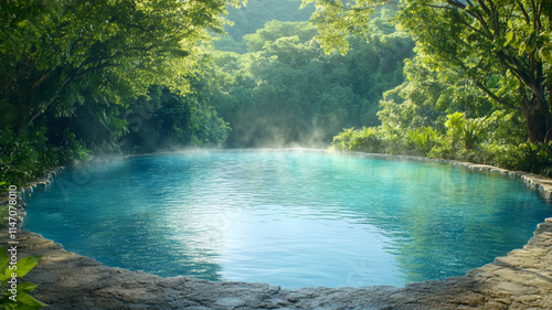 Steam rising from a tranquil heart-shaped hot spring nestled in a verdant tropical forest, offering a serene and inviting escape