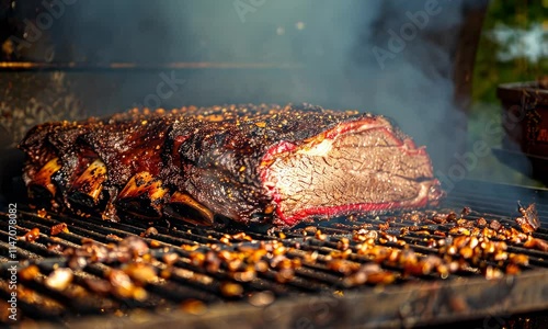 Juicy smoked brisket on grill with smoke rising