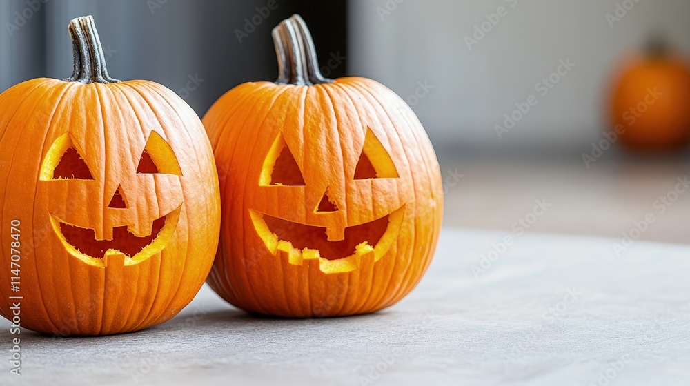 Two carved smiling jack-o'-lanterns on a table. Two carved smiling jack-o'-lanterns on a table.