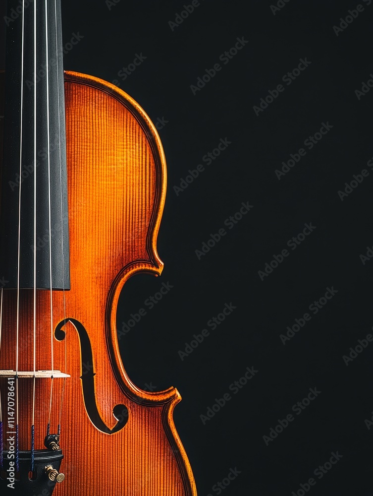 Close-up view of an elegant violin showcasing its craftsmanship and vibrant wood tones against a dark background Close-up view of an elegant violin showcasing its craftsmanship and vibrant wood tones against a dark background