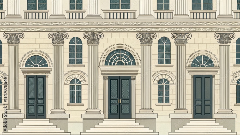 Naklejka premium Elegant architectural facade with classical columns and doors