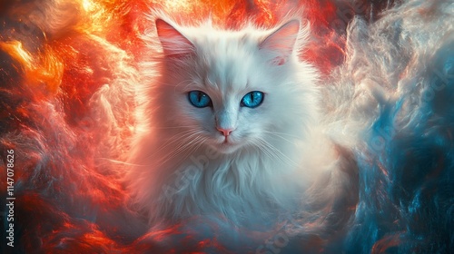 Majestic white cat with vibrant blue eyes amidst fiery, smoky clouds.