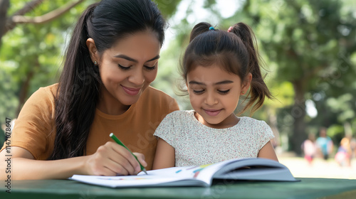 Hispanic mother and daughter sitting at picnic table, collaborating on schoolwork with warm smiles in sunlit park setting
