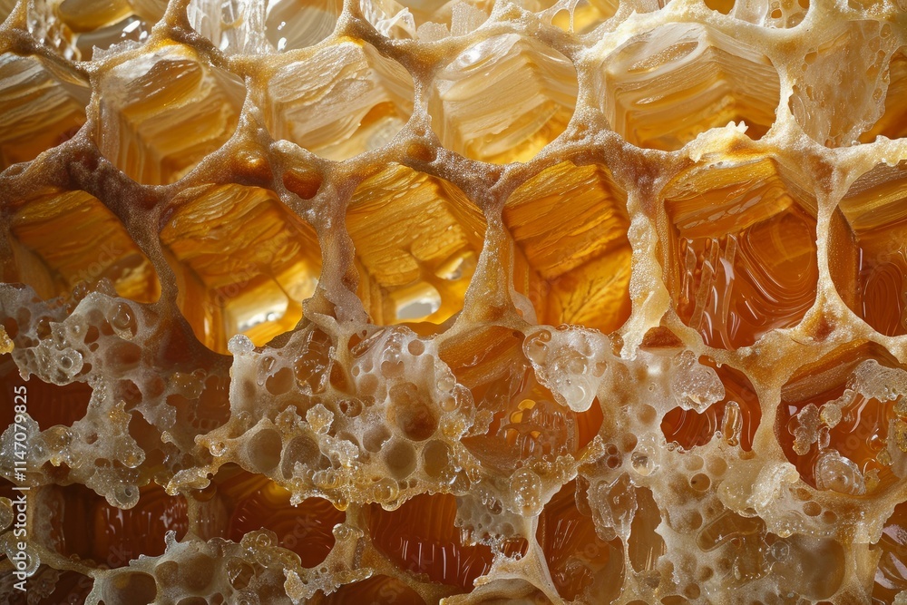 Close up image of a honeycomb dripping with honey showing its texture Close up image of a honeycomb dripping with honey showing its texture