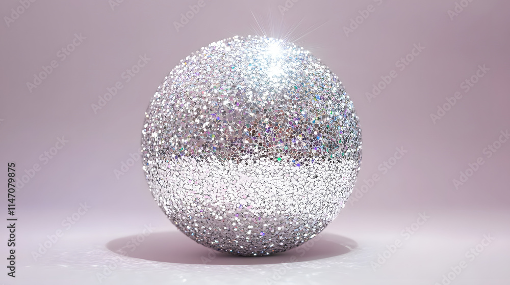 A shimmering silver glitter ball gleams against a soft purple backdrop. Its sparkly surface reflects light beautifully, creating a festive and elegant feel. A shimmering silver glitter ball gleams against a soft purple backdrop. Its sparkly surface reflects light beautifully, creating a festive and elegant feel.