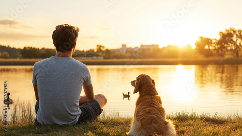 Man and his dog relaxing by the lake, soaking in the tranquil sunset view while enjoying the peaceful atmosphere of the park photo