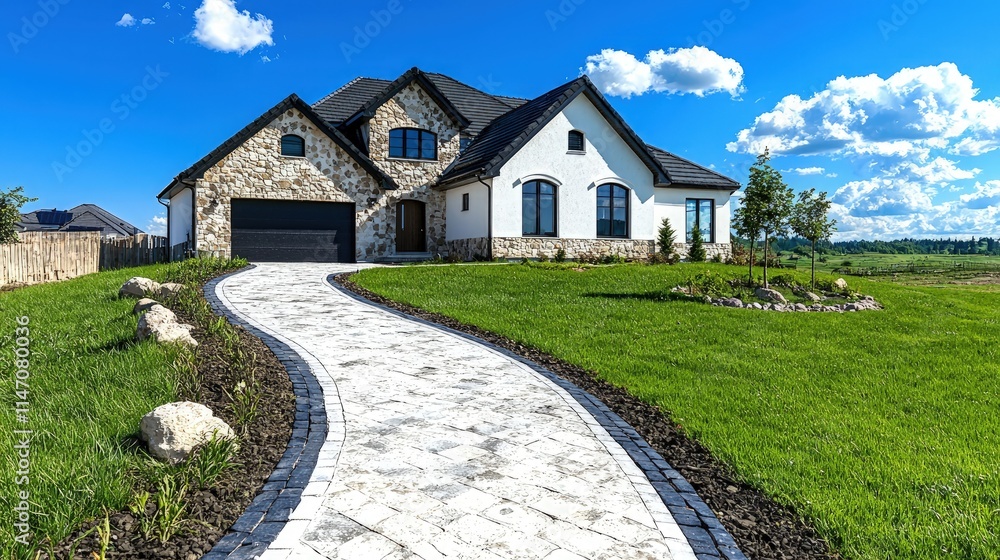 Fototapeta premium Beautiful luxury suburban house with stone facade and a curved paved driveway under a blue sky.