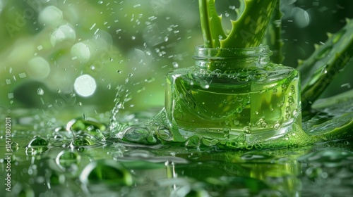 Aloe Vera Gel and Leaves with Fresh Water Splashes on Green Background for Natural Skincare photo