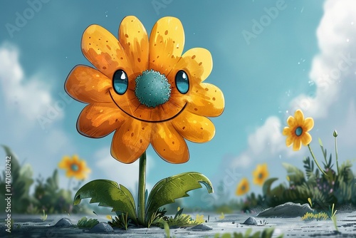 A cartoon flower with a big smile on its face