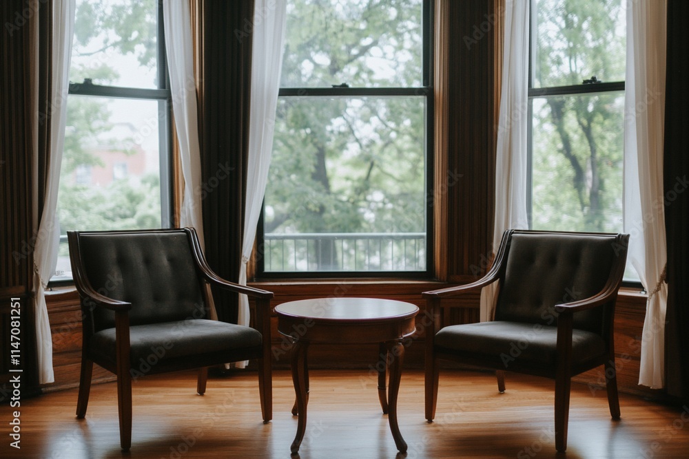 Cozy seating area with two chairs and a small table by large windows. Cozy seating area with two chairs and a small table by large windows.