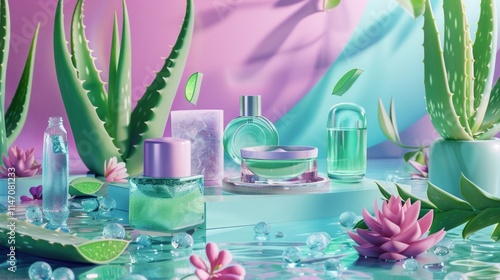 Vibrant aloe vera cosmetics collection with tropical flowers, modern packaging, and soothing pastel tones for beauty care. photo