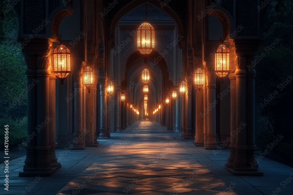 Illuminated walkway, ornate columns, glowing lanterns, night scene. Illuminated walkway, ornate columns, glowing lanterns, night scene.