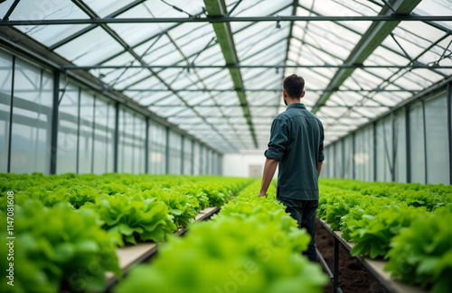 А man standing in a large greenhouse filled with rows of lush green lettuce plants. 
Created using generative AI tools