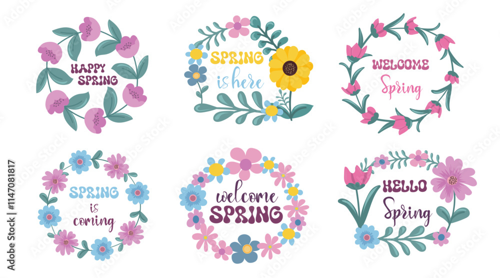 Hello spring wreath tulips sunflower daisies quotes set. Hand drawn floral spring prints. Positive phrases for stickers, cards or posters Hello spring wreath tulips sunflower daisies quotes set. Hand drawn floral spring prints. Positive phrases for stickers, cards or posters