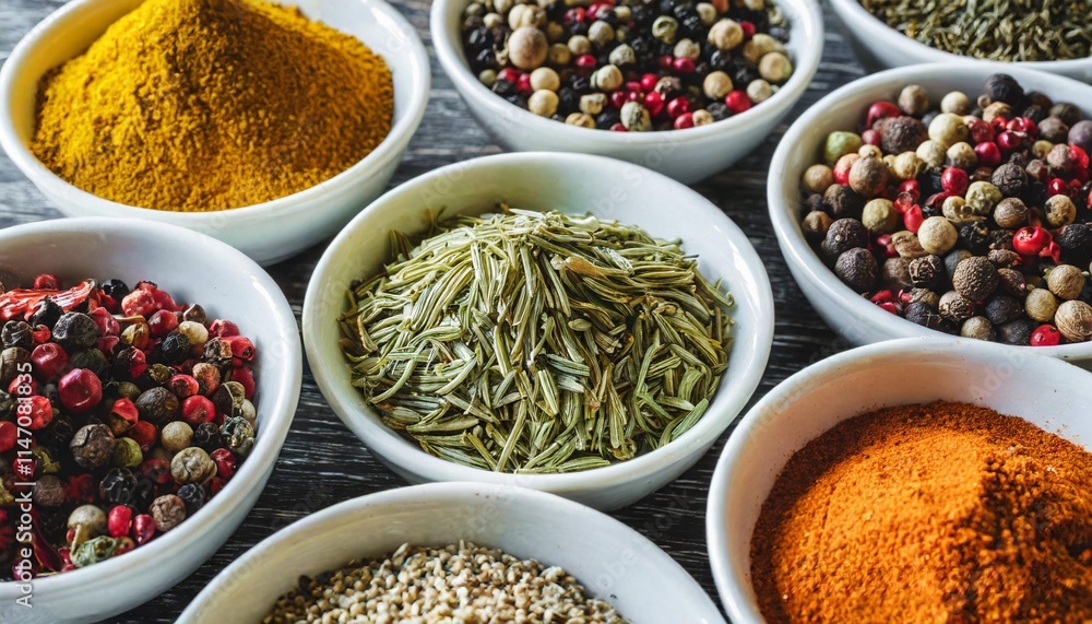 Assortment of Dried Spices in Bowls Ready for Cooking and Culinary Use Assortment of Dried Spices in Bowls Ready for Cooking and Culinary Use