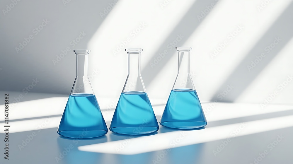 Three clear glass beakers, filled with light blue liquid, are on a white surface.
Three clear glass beakers, filled with light blue liquid, are on a white surface.