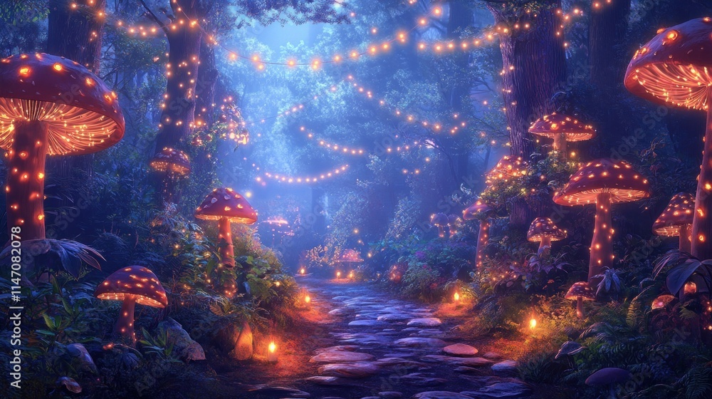Fototapeta premium Enchanted forest path at night with glowing mushrooms and fairy lights.