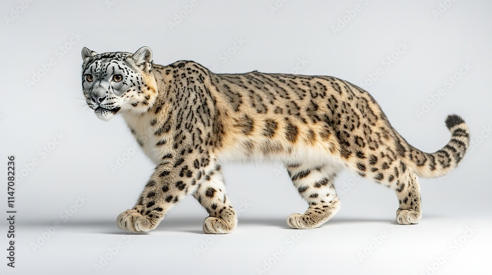 Graceful snow leopard walking with distinct fur patterns and cap Graceful snow leopard walking with distinct fur patterns and cap