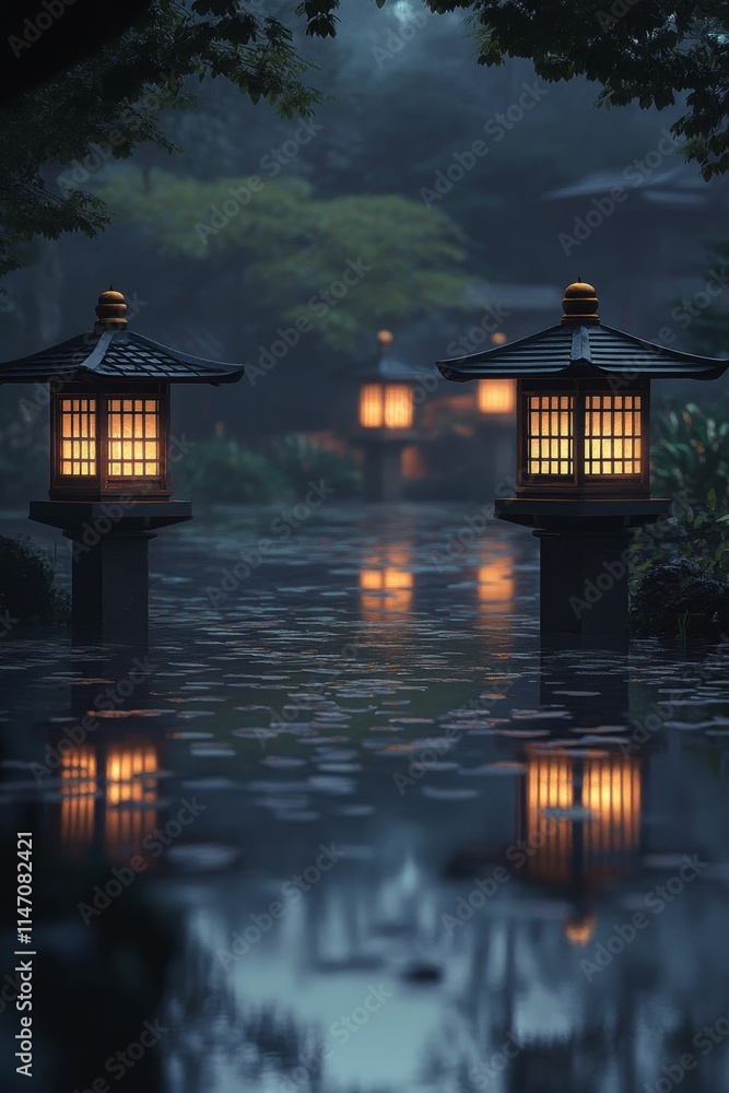 Illuminated lanterns reflect in tranquil water.