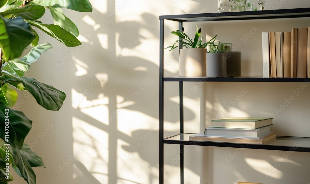 A minimalist shelf with plants and books, illuminated by natural light. A minimalist shelf with plants and books, illuminated by natural light.