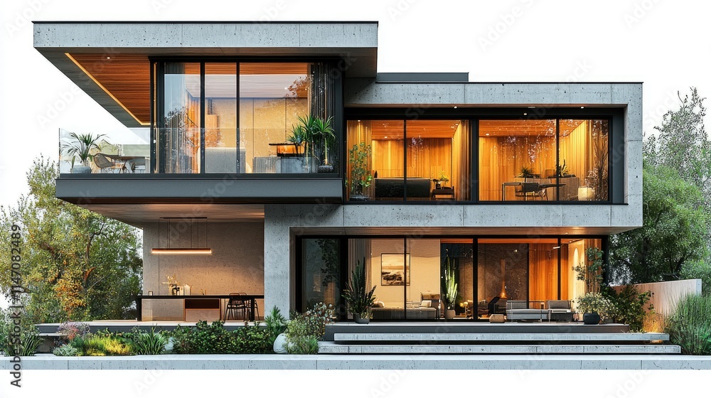 Modern architectural design featuring large glass windows and natural landscaping. Modern architectural design featuring large glass windows and natural landscaping.