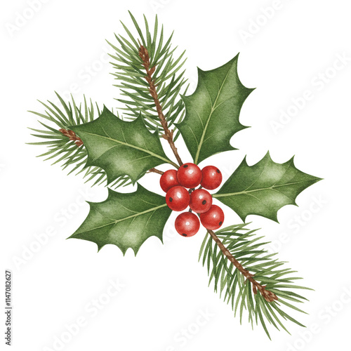 christmas holly branch with red berries