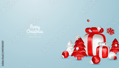 Happy New Year and Merry Christmas. Christmas holiday background with realistic 3d objects, bauble balls, conical metal stars. Levitation falling design composition.