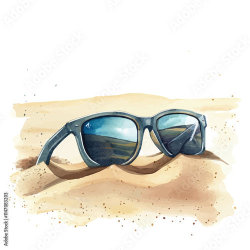 A watercolor vector of a pair of sunglasses resting on the sand, isolated on a white background. Sunglasses sand vector.
