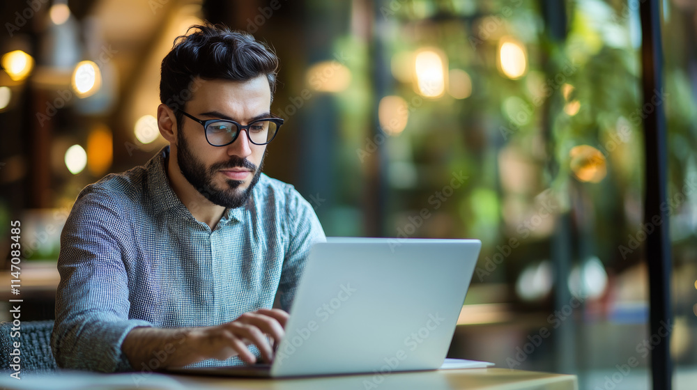 Focused and Driven: A young professional, engrossed in work on his laptop, amidst the warm glow of a cafe, embodies dedication and determination. Focused and Driven: A young professional, engrossed in work on his laptop, amidst the warm glow of a cafe, embodies dedication and determination.