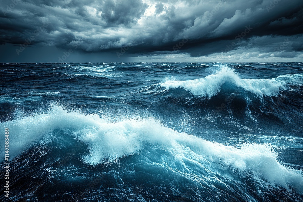 Fototapeta premium Dark, turbulent sea with powerful waves crashing against each ot