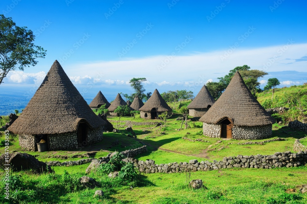 Ancient Stone Houses in a Lush Green Valley Ancient Stone Houses in a Lush Green Valley