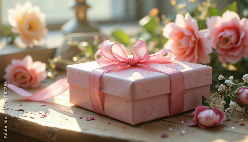 Pink gift box, elegant, adorned with a ribbon, surrounded by flowers and soft lighting Pink gift box, elegant, adorned with a ribbon, surrounded by flowers and soft lighting