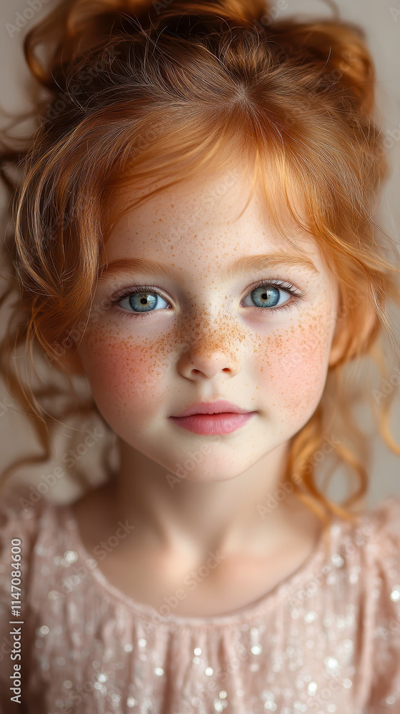 Surprised Ginger-Haired Girl with Freckles Smiling in Pink Tones Portrait Surprised Ginger-Haired Girl with Freckles Smiling in Pink Tones Portrait