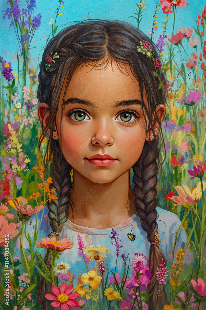 A painting of a young girl in a field of flowers A painting of a young girl in a field of flowers