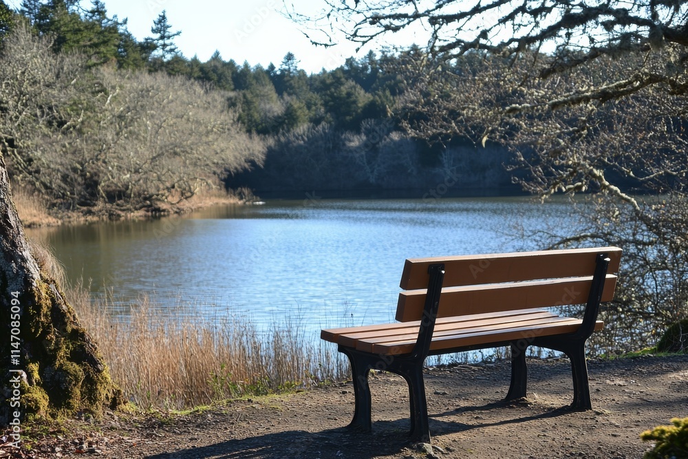 Serene lakeside view showcasing a wooden bench surrounded by trees on a calm day near the waters edge Serene lakeside view showcasing a wooden bench surrounded by trees on a calm day near the waters edge