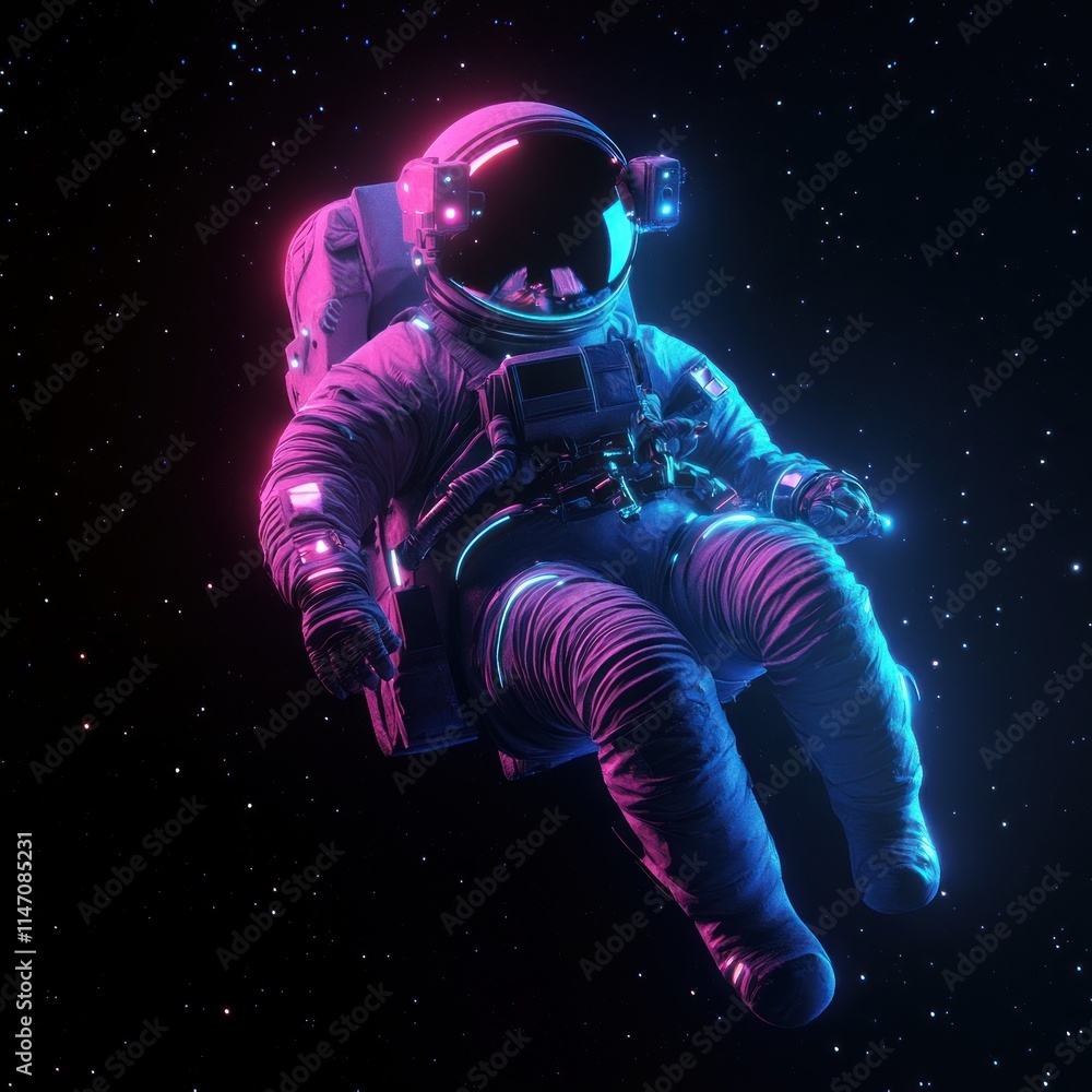 Astronaut floating in space, neon glow. Astronaut floating in space, neon glow.