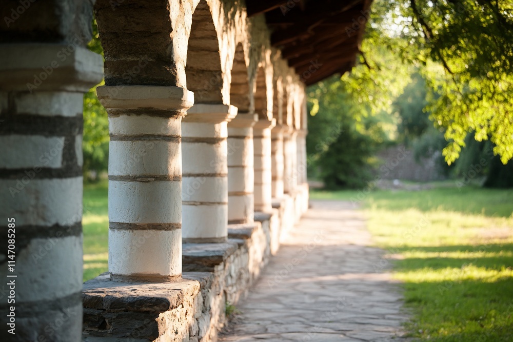 A serene walkway lined with arches and columns in a green setting. A serene walkway lined with arches and columns in a green setting.