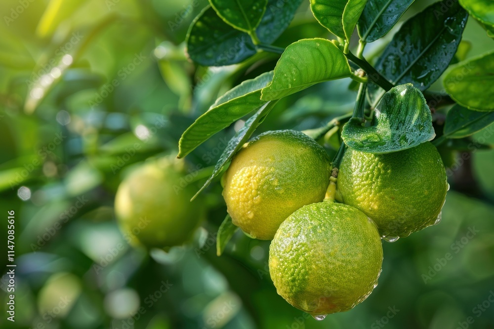 Three green lemons with water drops growing on a tree branch in sunshine Three green lemons with water drops growing on a tree branch in sunshine