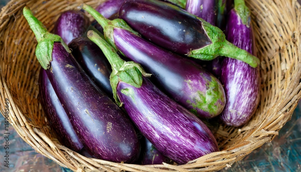 Fresh Purple Eggplants in a Woven Basket Ready for Market and Cooking Fresh Purple Eggplants in a Woven Basket Ready for Market and Cooking