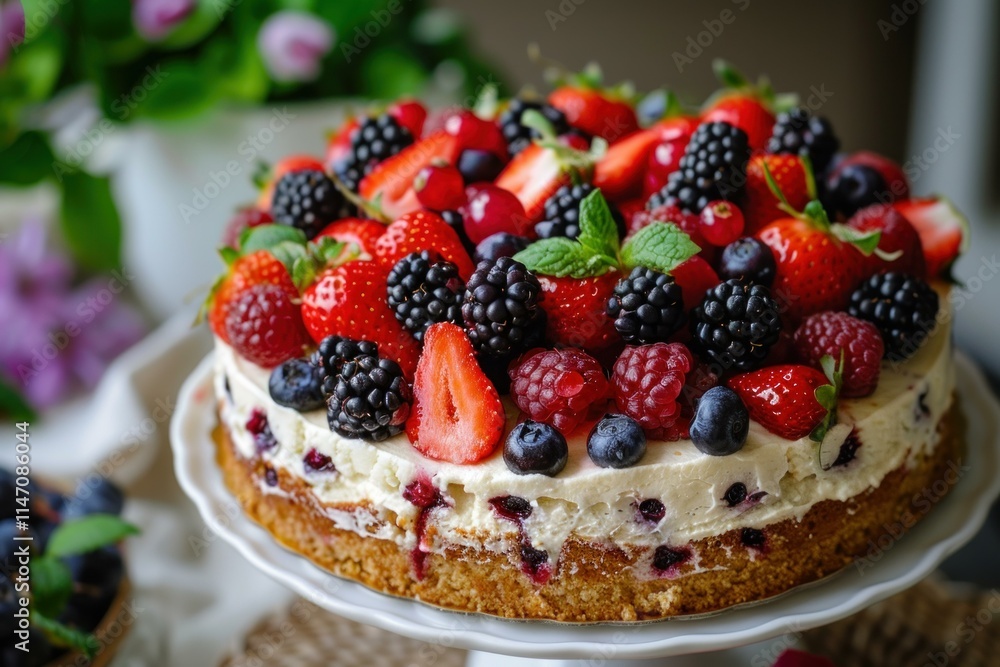 Delicious cheesecake is topped with a variety of fresh summer berries, making it a perfect dessert for a celebration Delicious cheesecake is topped with a variety of fresh summer berries, making it a perfect dessert for a celebration
