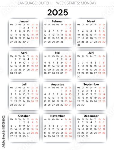 2025 year dutch calendar. Vector illustration. 12 months kalender for Netherlands
