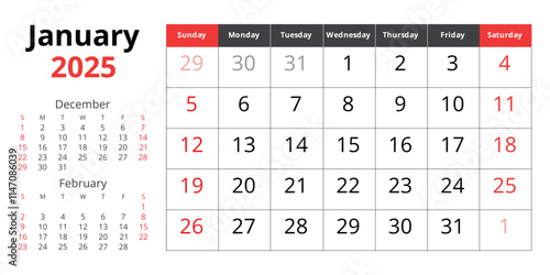 2025 january calendar. Vector English monthly. Winter month