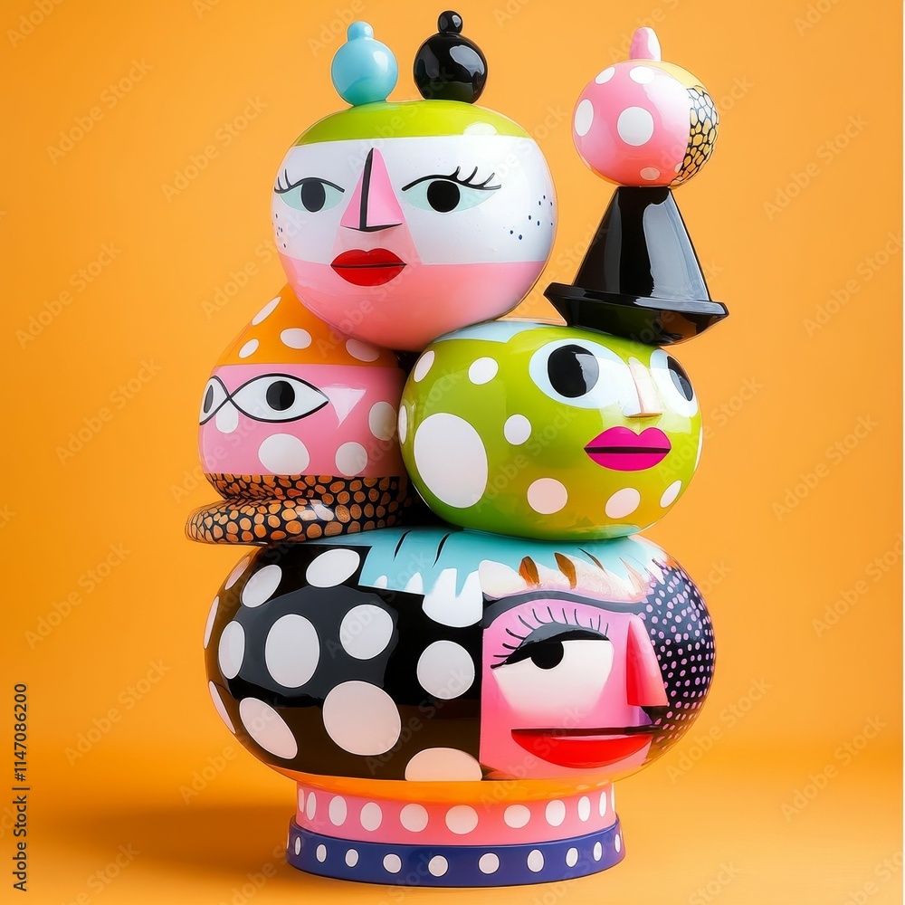 Colorful stacked faces, polka dots, whimsical art. Colorful stacked faces, polka dots, whimsical art.