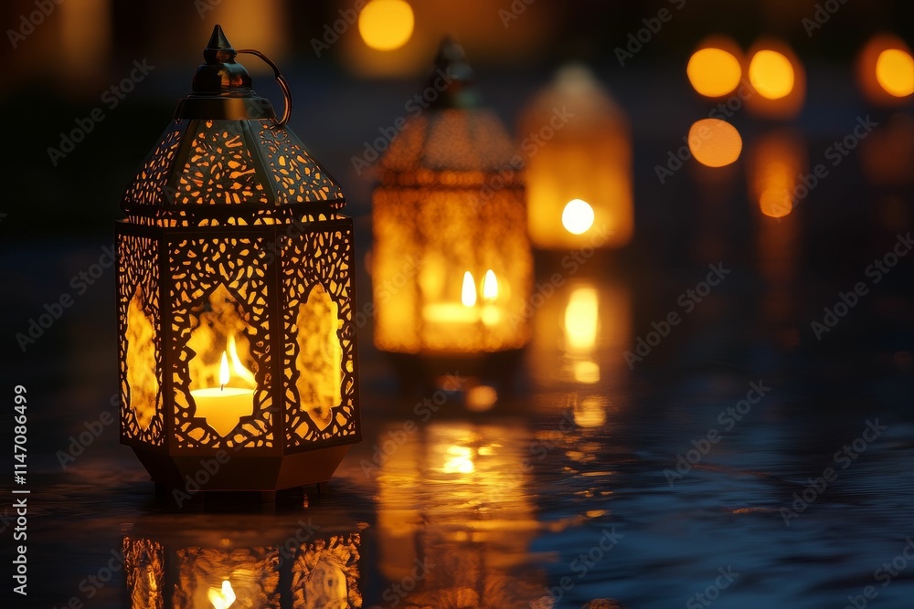 Ornate lanterns illuminate dark water, reflecting light. Ornate lanterns illuminate dark water, reflecting light.